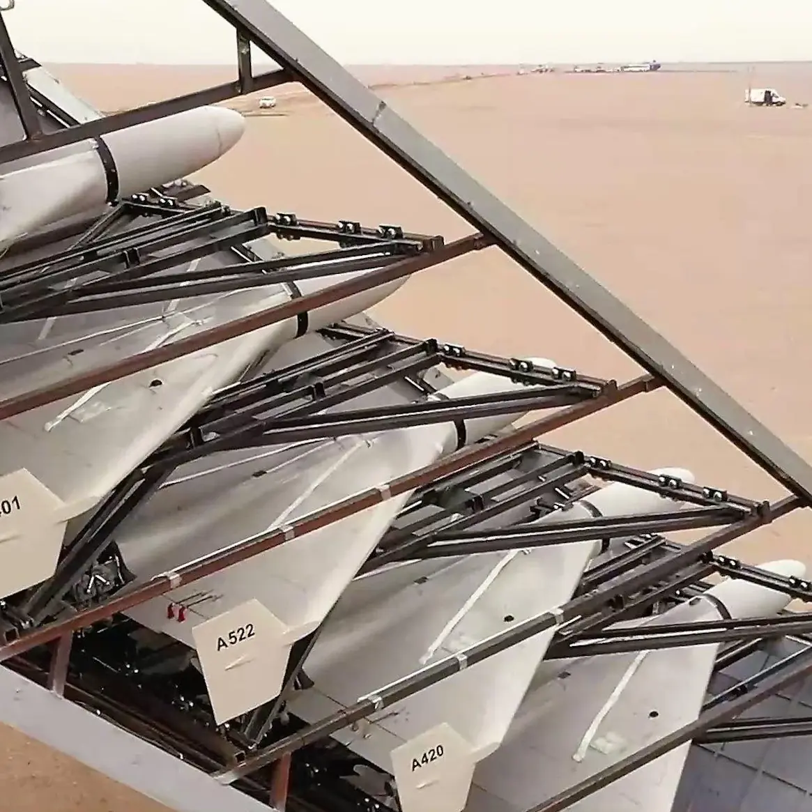 Shahed 136 drones stacked on a launcher